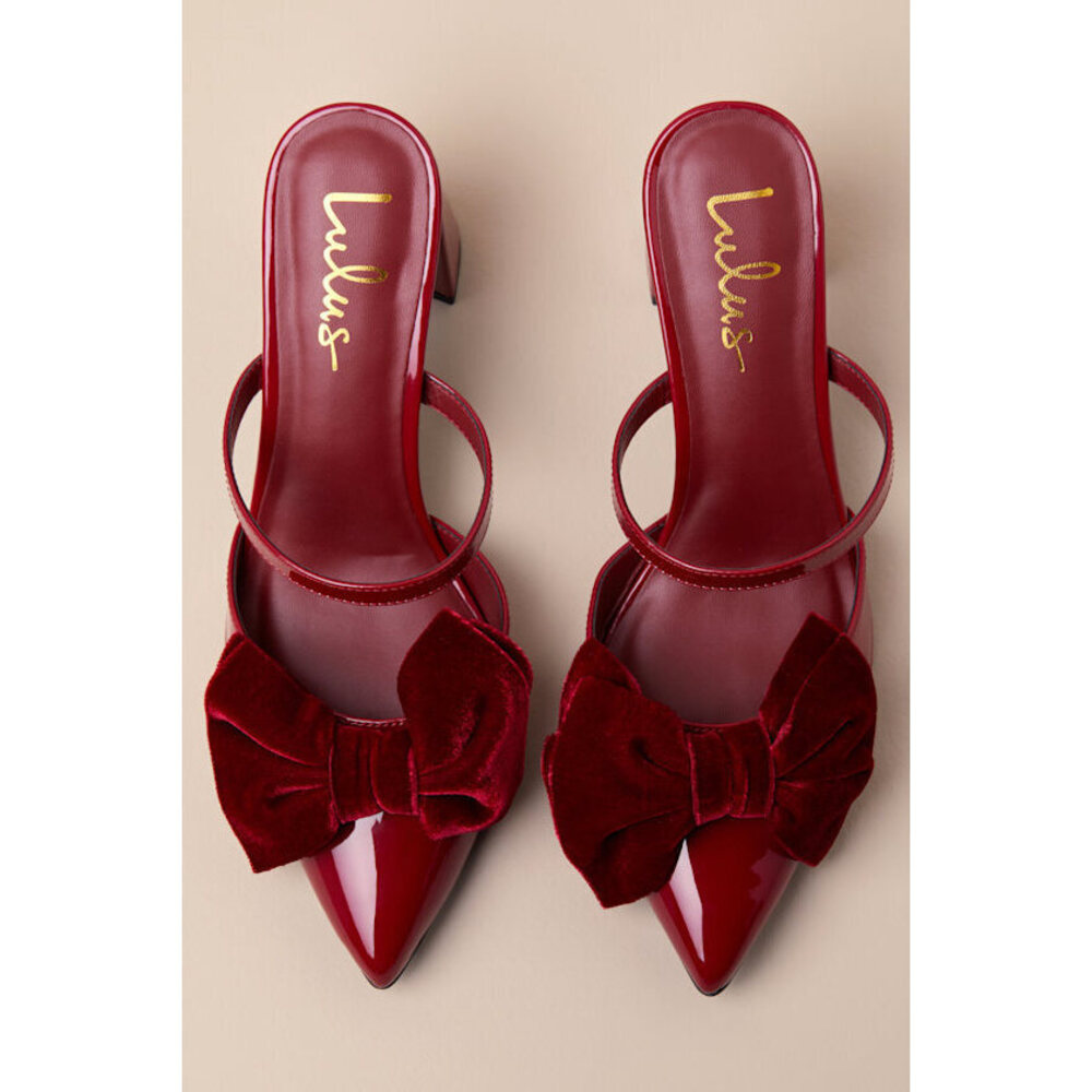 Lulus Emmarie Cherry Patent Bow Pointed-toe Mule Pumps Red - Size 6